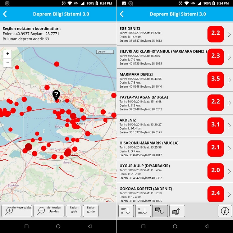 برنامج الزلازل Deprem Bilgi Sistemi